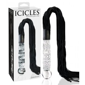   Icicles No. 38 - bőr korbácsos, hullámos üveg dildó (áttetsző-fekete)