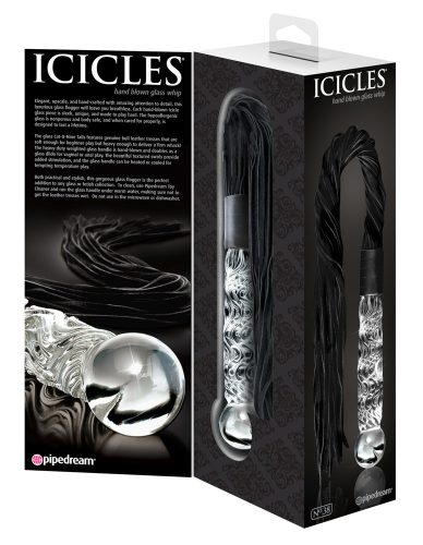 Icicles No. 38 - bőr korbácsos, hullámos üveg dildó (áttetsző-fekete)