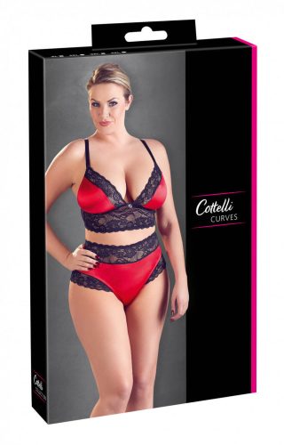 Cottelli Plus Size - virágos csipke-szatén melltartó szett (fekete-piros)