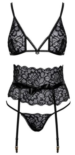 Kissable - hímzett derékpántos melltartó szett (fekete)