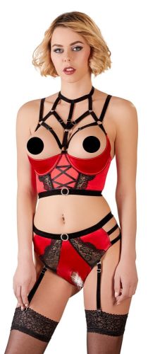 Abierta Fina - szikrázó, gyűrűs-pántos mellemelő szett (piros-fekete)