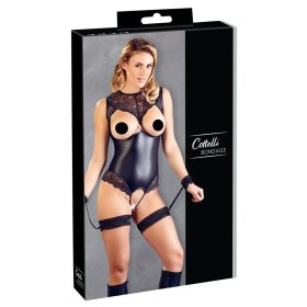   Cottelli Bondage - csipkés-fényes nyitott body kézrögzítőkkel (fekete)