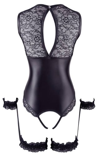Cottelli Bondage - csipkés-fényes nyitott body kézrögzítőkkel (fekete)