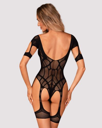 Obsessive - mintás nyitott necc body harisnyatartóval (fekete) -(S-L)