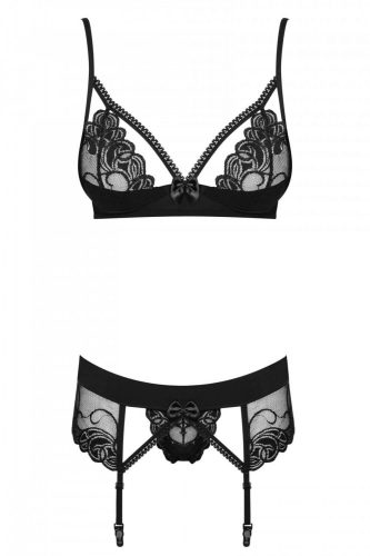 Obsessive Wonderia - hímzett csipke fehérnemű szett (fekete)