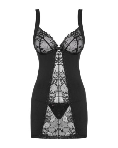 Obsessive Heartina - virágos, szíves díszes hálóruha tangával (fekete)