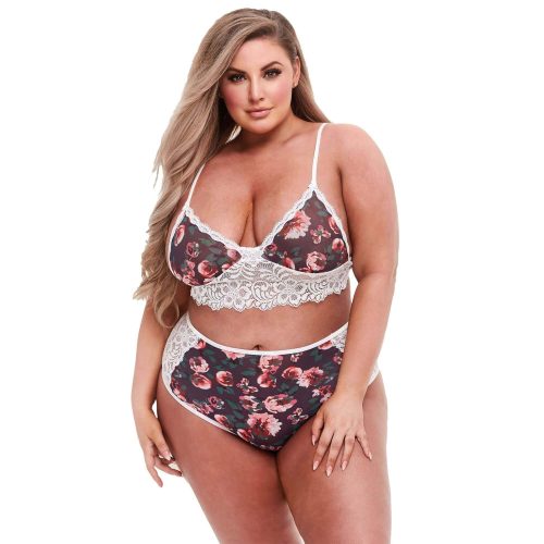 Baci Plus Size - virágos, csipkés melltartó szett, magas derékkal